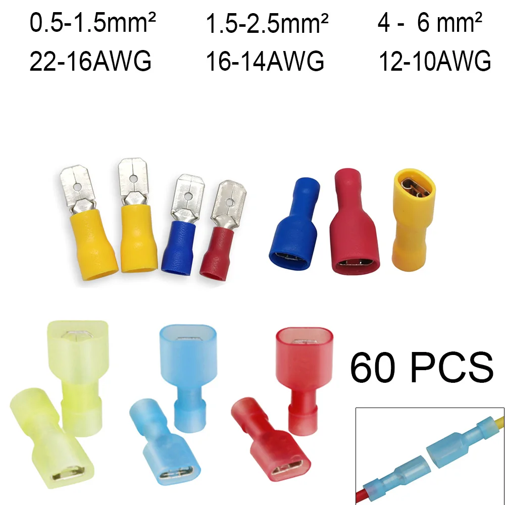 

60Pcs Car Accessories Spade Terminal Connector Wire Butt Splice Terminals for Wire Crimp Connector Assortment Terminator