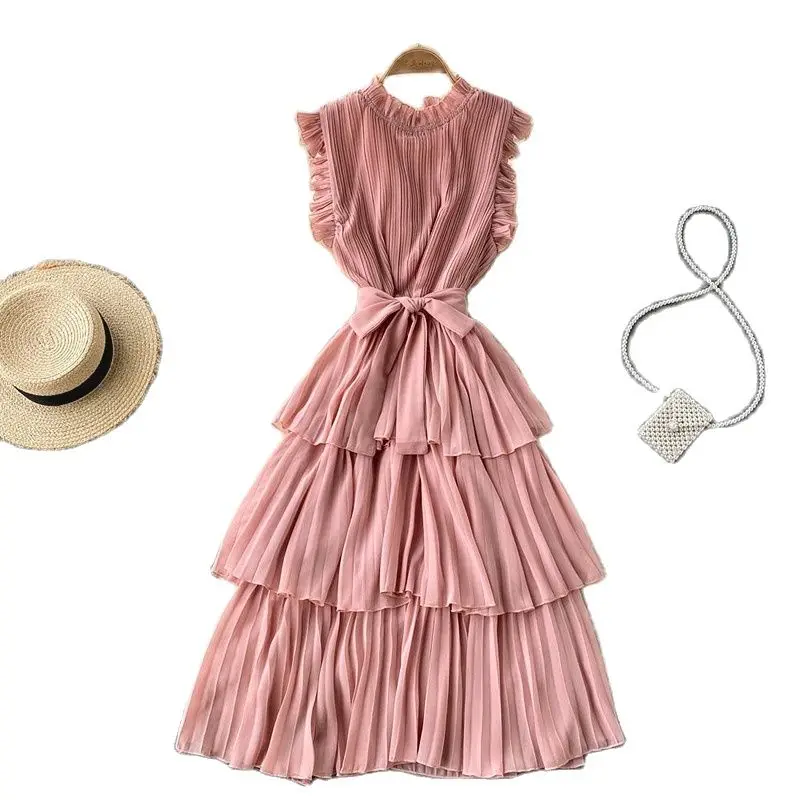 

Женское плиссированное платье без рукавов, черное, зеленое, розовое, желтое, фиолетовое шифоновое платье с оборками, платья для девушек, вес...