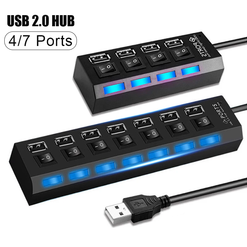 

High Speed 4/7 Ports USB HUB 2.0 Adapter Expander Multi USB Splitter Multiple Extender With LED Lamp Switch For PC Laptop