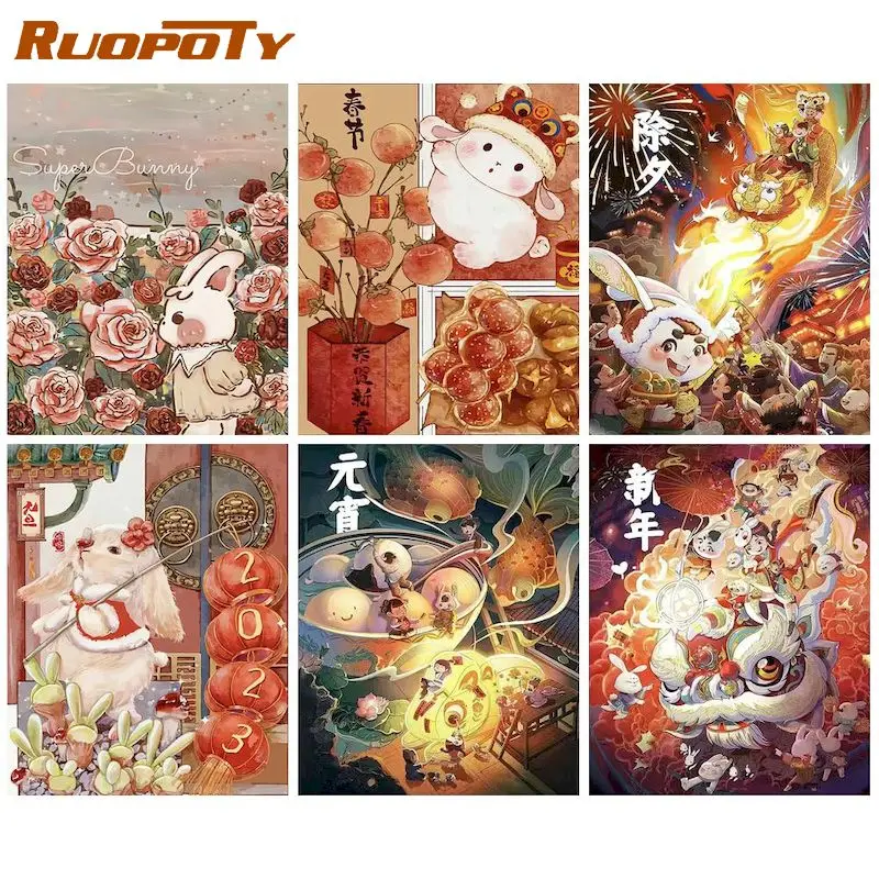 

RUOPOTY Coloring By Number Rabbit Kits Painting By Number Animal Unique Gift DIY Frame Modern Drawing On Canvas HandPainted