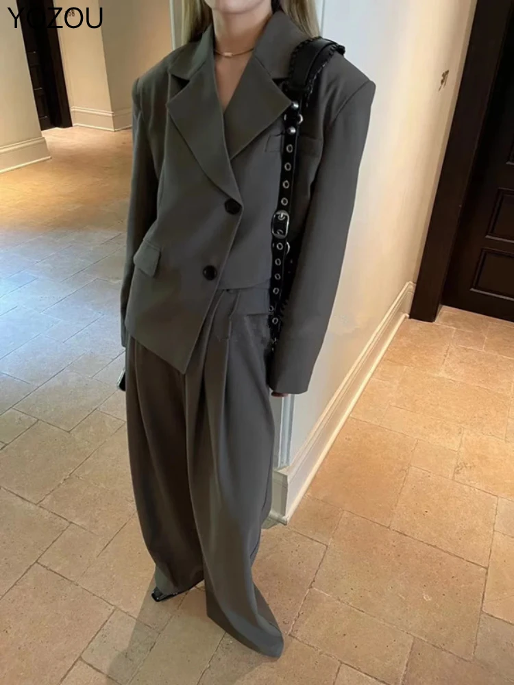 

YOZOU 2022 дизайнерский свободный Блейзер, асимметричный роскошный женский наряд, черный, серый, белый, коричневый, брюки с широкими штанинами, элегантные костюмы