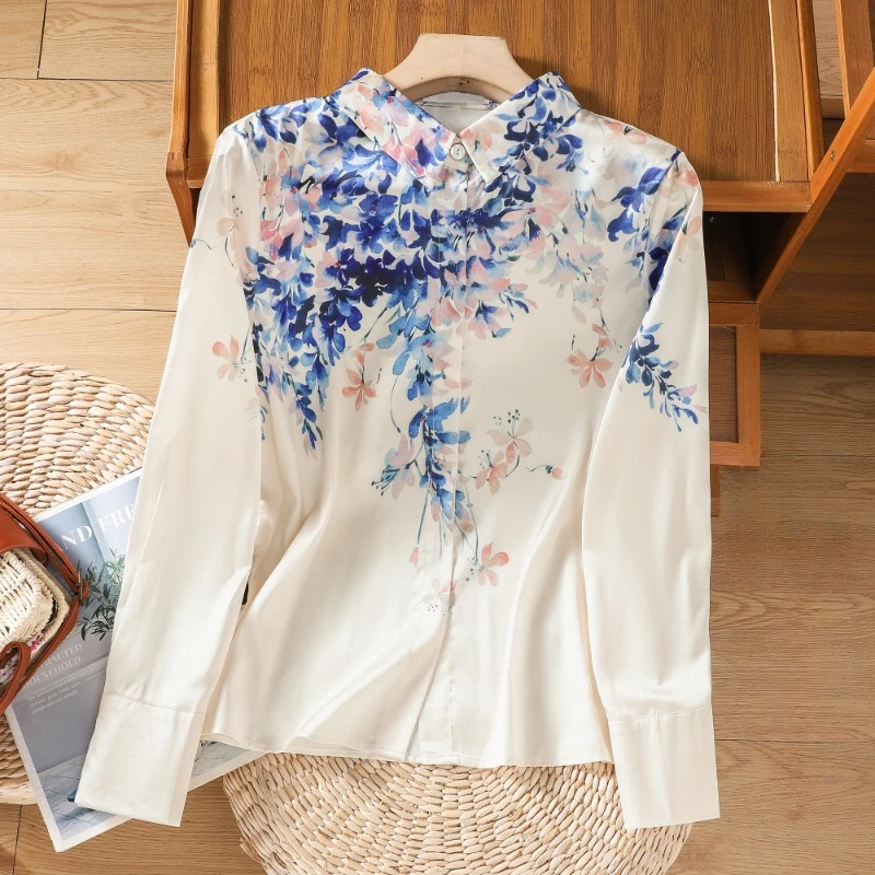 

Silk Casual Women's Shirts Fashion Satin Prints Blouses Loose Long Sleeves Ladies Clothing Summer 2023 New Women Tops