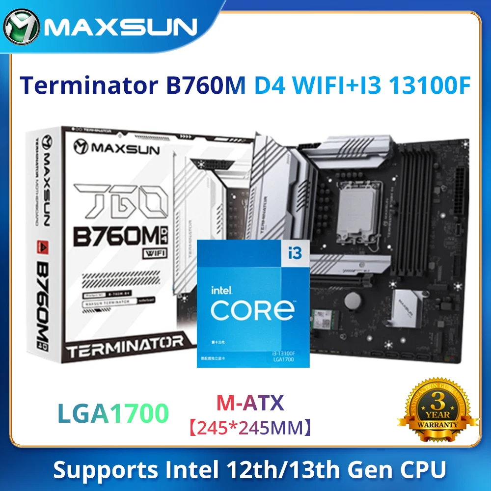

MAXSUN Gaming Motherboard Kit Terminator B760M D4 WIFI Mainboard with CPU intel i3 13100F [ without cooler] Computer Components