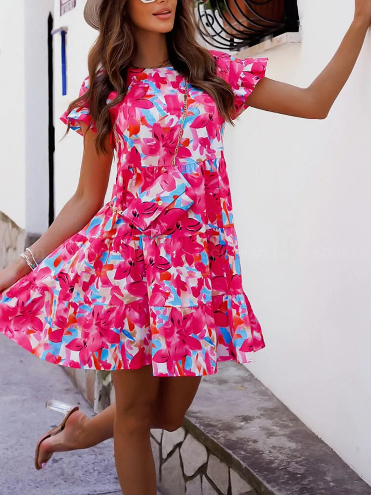 

Summer Women Print Floral Ruffle Elegant Slim Dress Ladies Round Neck Short Sleeve Mini Dress 2022 Streetwear Party Beach Dress