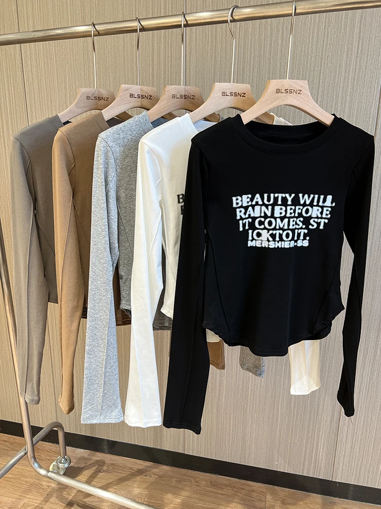 

Long-sleeved Cotton T-shirt women's Spring O Neck Cropped Tshirts Lady printing letters crop top tee