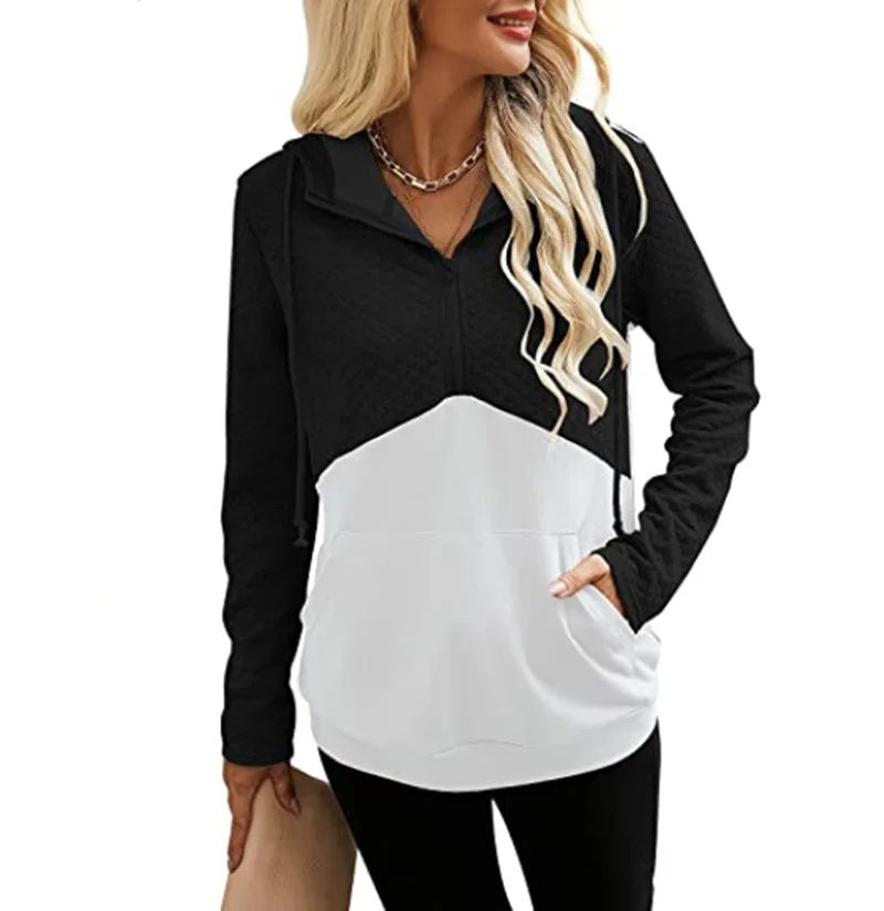 

Женские футболки, весна 2022, новинка, повседневный пуловер с капюшоном и воротником на молнии, с длинным рукавом и карманами