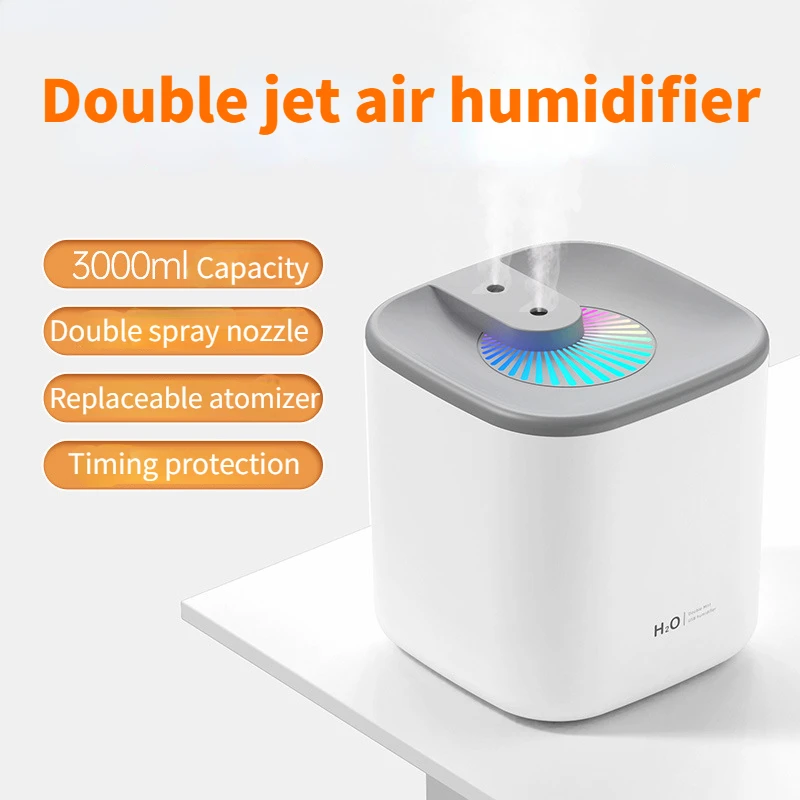 

New Double Spray Air Humidifier Large Fog Volume Household Water Replenishment Humidification Office 3L USB Silent Air Sprayer