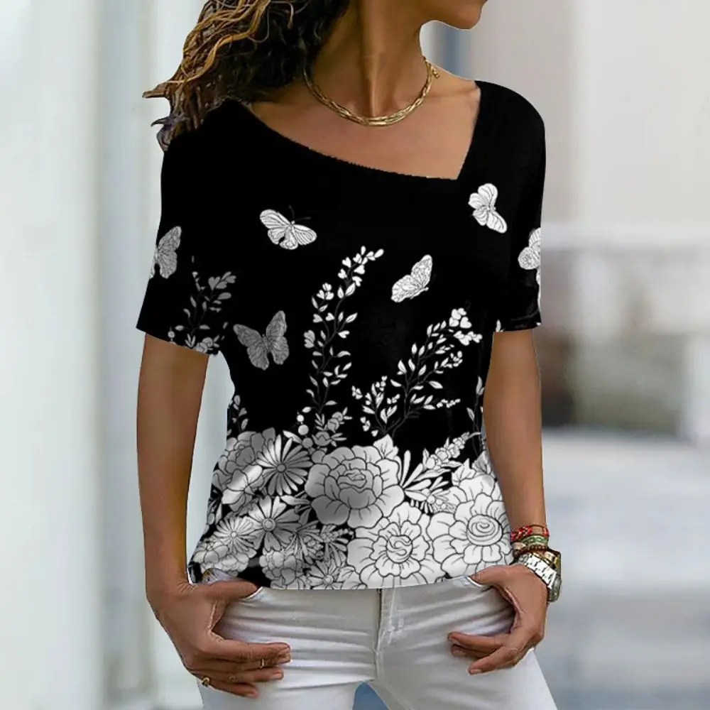 

Floral Printed Women's T-shirt New Harajuku Clothes Summer V-neck Casual Short Sleeve Tees Female Oversized Streetwear Tops