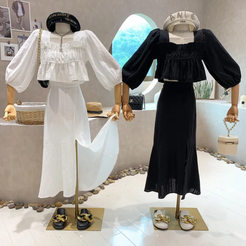 

Niche Design New Women 2022 Summer Square Collar Design Slim Lantern Sleeve Short Top High Waist Split Skirt Two Piece Set