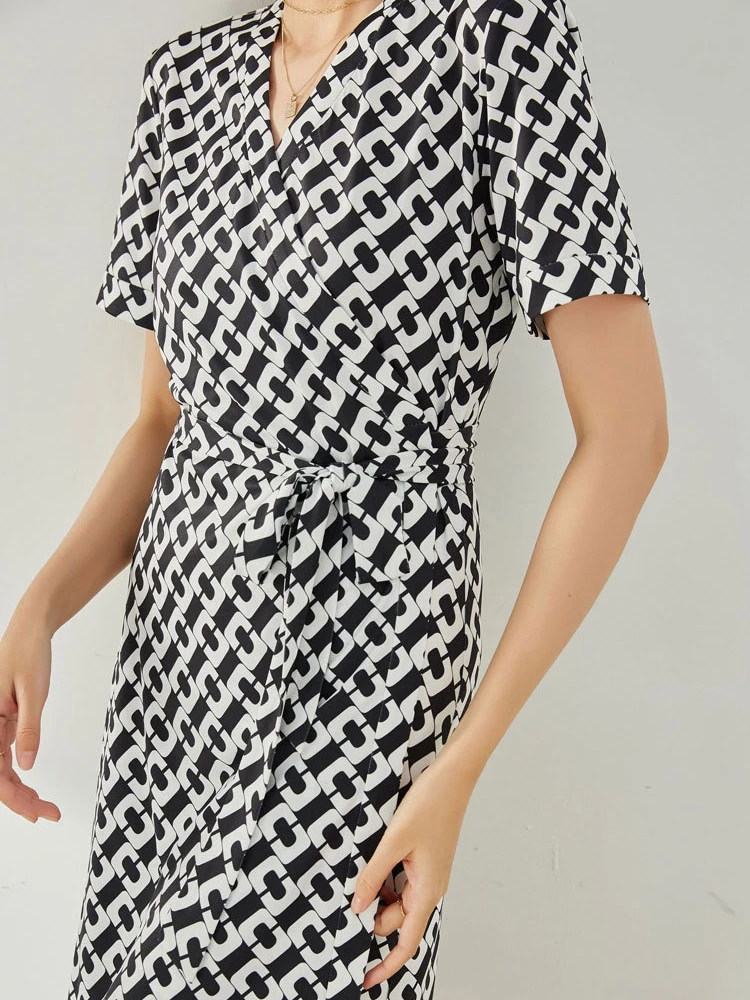 

2022 Summer Women Printed V-neck Wrap Knitted Mini Dress