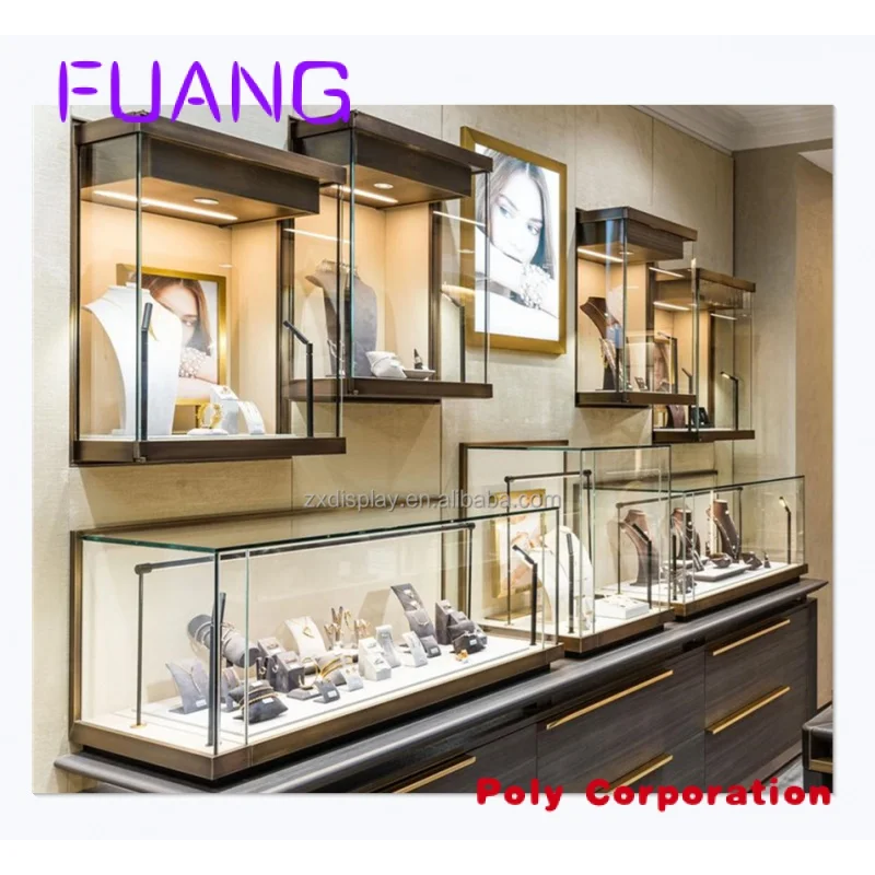 Popular jewelry shop interior design ideas wall display case cabinet for sale