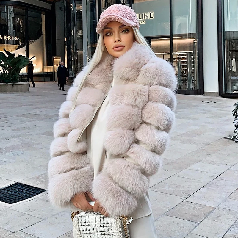 Real Fox Fur Short Coats Women Winter Warm Natural Whole Skin Genuine Fox Jackets With Fur Collar For Women Luxury Soft Overcoat