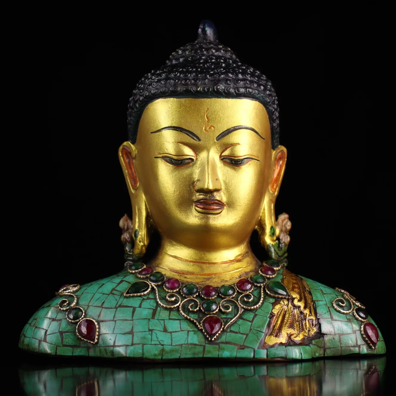 

Коллекция тибетских храмов, 7 дюймов, старый Бронзовый контур, Золотой окрашенный драгоценный камень, искусственная голова, городской Экзор...