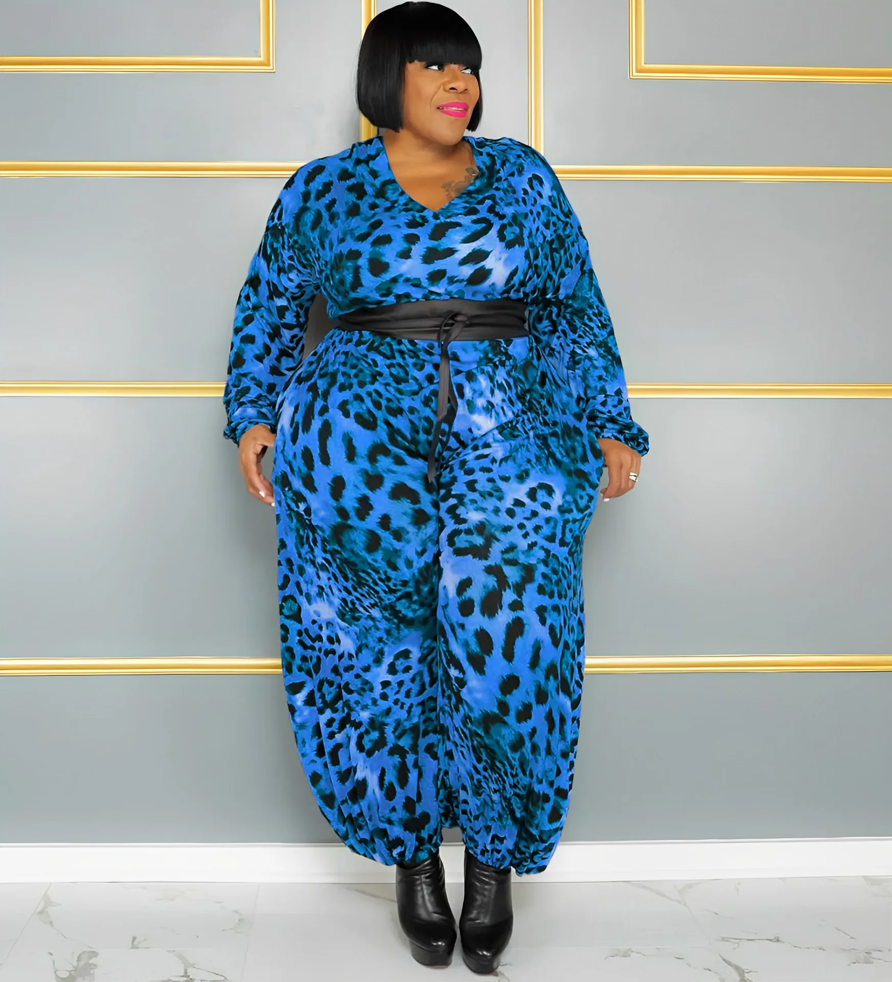 Plus Size Elegant Jumpsuit For Women Leopard Casual One Piece Outfit 2022 Fall Female V Neck Jumpsuit Lady Designer Pants