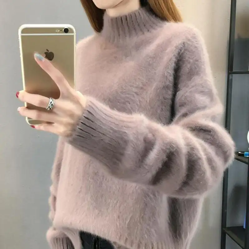 

Imitation Mink Velvet Sweater Pullover Women 2022 New Autumn Winter Clothes Half Turtleneck Sweater Jumper Female Tops T71