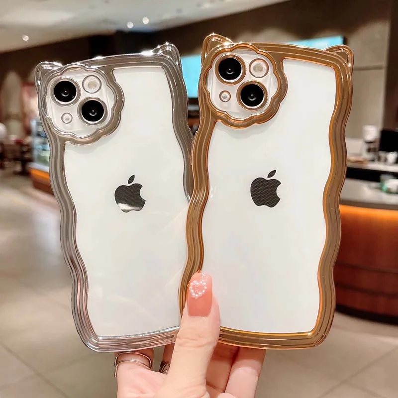 

Cute Cat Ears Gold Plating Case For iphone 13 12 11 pro Max Transparent Wave Pattern Shockproof Cover For iphone XS Max XR X