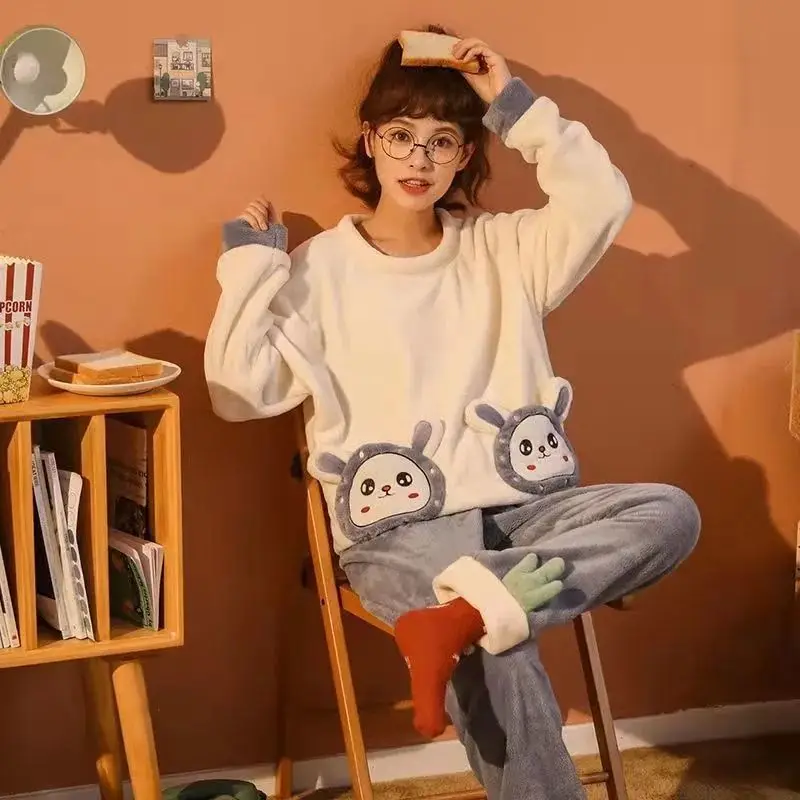 QWEEK Pajamas for Women Kawaii Dinosaur Flannel Pijamas Two Piece Set Winter Home Clothes Sleepwear Nightwear Cute Pyjamas