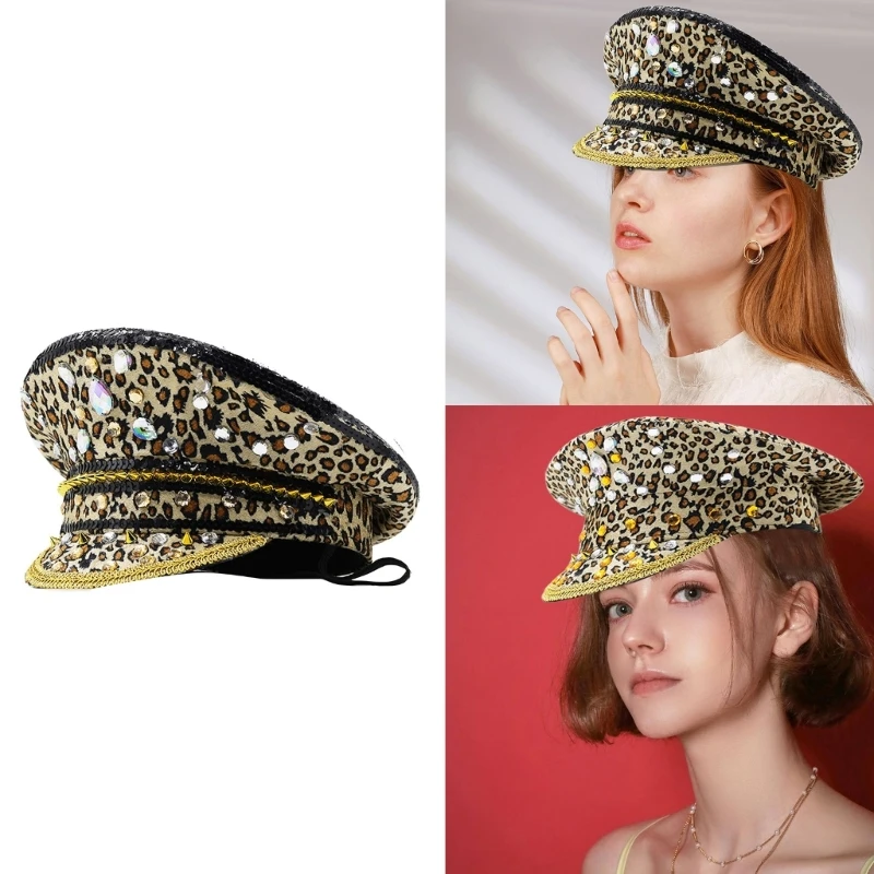 

Y166 Bridal Hat Leopard Captain Hat with Crystals Hat for Wedding Girl Officer Hat for Wedding Bachelorette Party