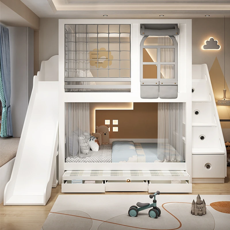 Детская кровать с высоким поручнем двойная одинаковой ширины верхняя и нижняя