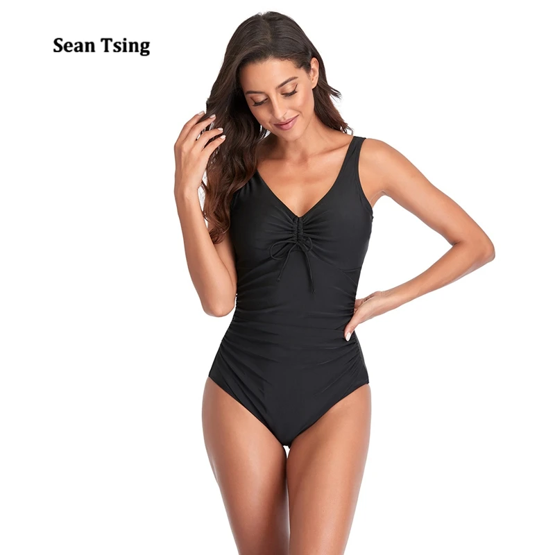 

2022 New Summer Women's Swimsuit Solid Black Lady’s One Piece Beach Swimwear