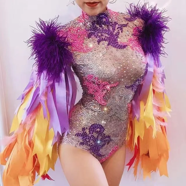 

Multi-color Rhinestones Ribbon Fringes Bodysuit Bar Women Singer Dancer Costume Outfit Birthday Celebrate Prom Outfit