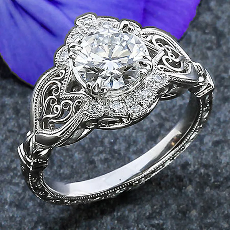 

New Romantic Silver Plated Hollow Out Flower Rings For Women Shine White CZ Stone Inlay Fashion Jewelry Wedding Party Gift Ring