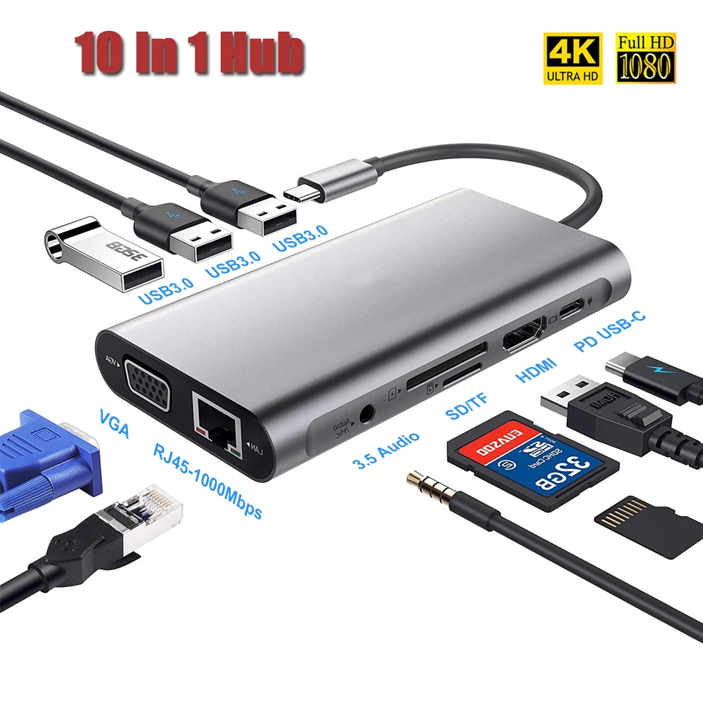 

USB C Hub,10 In 1 Type C Hub Adapter with 1000M RJ45 Ethernet 4K HDMI VGA PD Charging TF/SD Jack Audio Video for MacBook Pro OTG