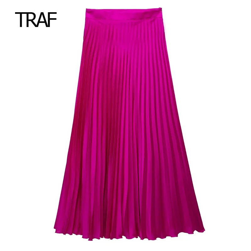 

TRAF Elegant Pleated Midi Skirt for Women Summer 2023 Stain High Waist Loose Female Long Skirt korean Vintage Lady Pleated Skirt