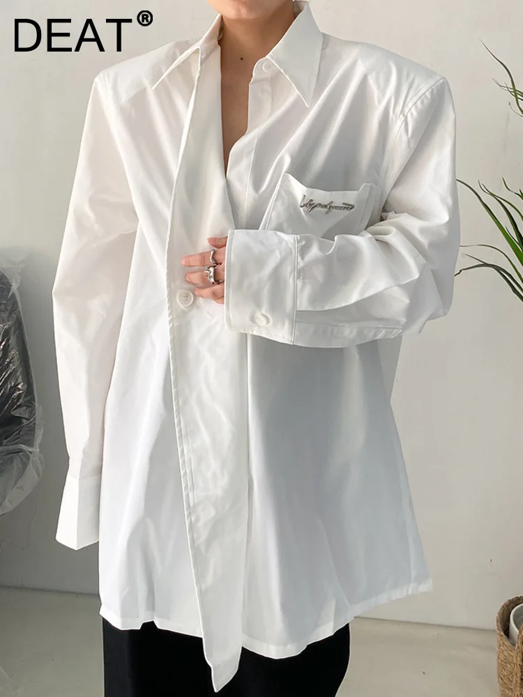 

DEAT Fashion Women's Shirt Lapel Loose Single Braested Long Sleeves Pocket Metal Label White Blouses Autumn 2023 New 17A9915