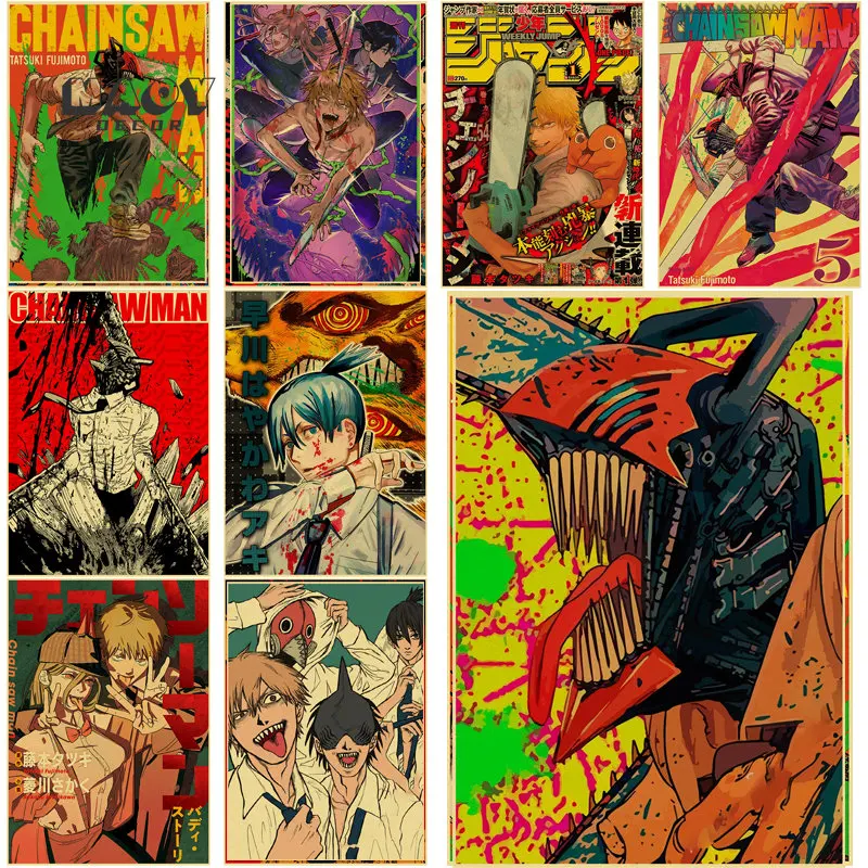 

Japanese Anime Chainsaw Man Poster Print Painting Picture Aesthetic Wall Art Decoration Home Room Cafe Bar Retro Kraft Paper