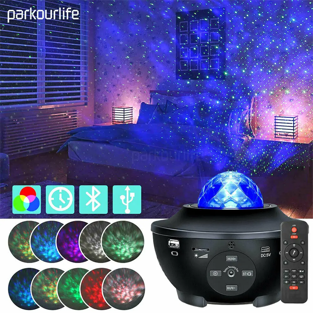 

LED Galaxy Star Projector Music Night Light USB Starry Ocean Wave Remote Timer