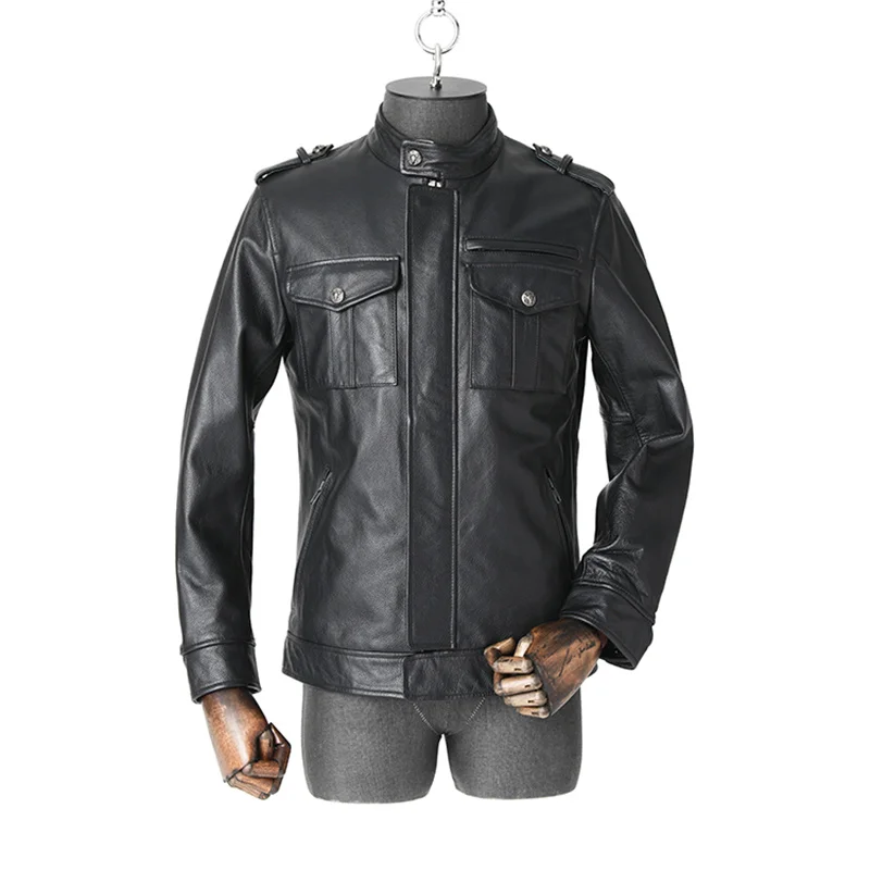 

Men's Top Layer Cowhide Jacket Leather Collar Outdoor Sport Hunting Combat Travel Military Army Tactical Clothing Camping Coat
