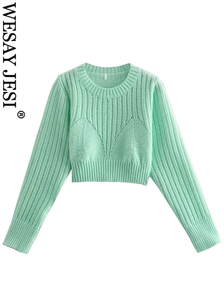 

WESAY JESI Womens Cropped Slim Sweater Pullover Vintage Crew Neck Light Green Long Sleeve Knit Sweaters Fashion Female Chic Tops
