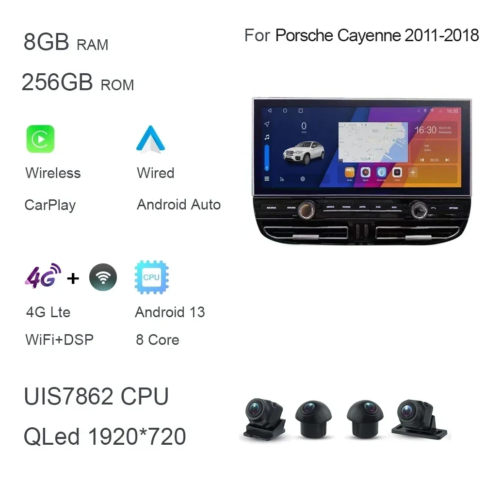 

1920*720 IPS 12,3 "360 камера Carplay 12G + 256G Android 14 автомобильный плеер мультимедиа GPS стерео радио для Porsche Cayenne 2010-2017