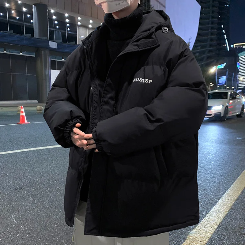New Cotton Padded Jacket for Men Winter Thickened Parkas Loose Ins Korean Fluffy Bread Jacket Chest Print Hooded Outwear Coats