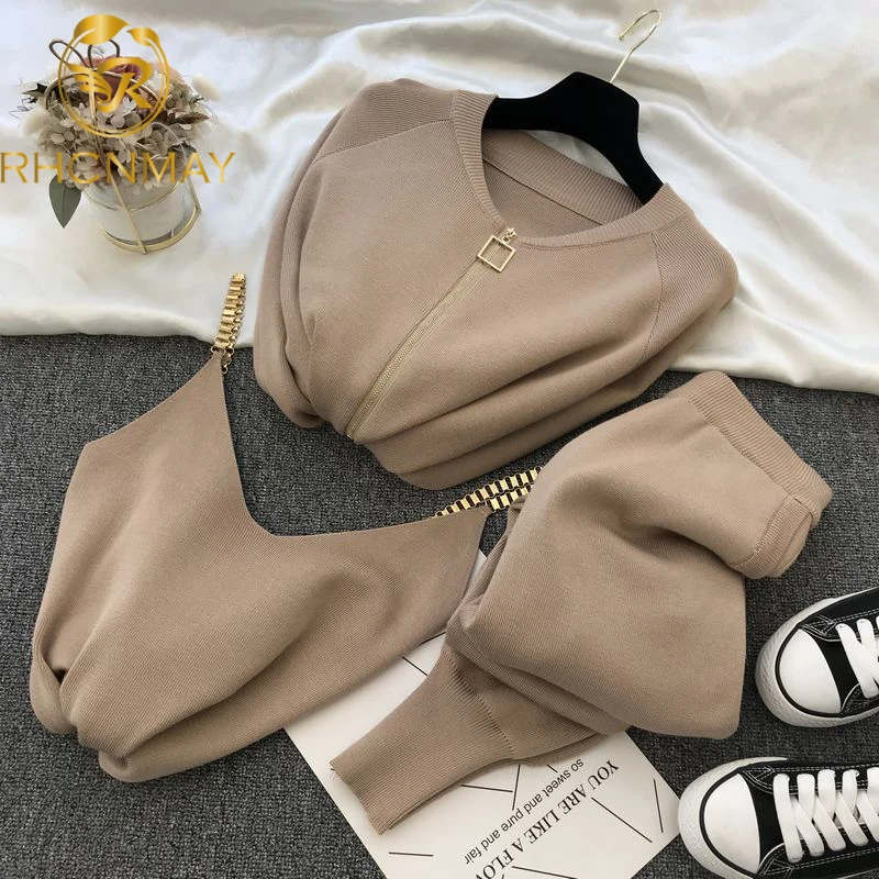 

New 2022 Spring Autumn Women Zipper Knitted Cardigans Sweaters + Pants Sets + Vest Woman Jumpers Trousers 2 PCS Costumes Outfit