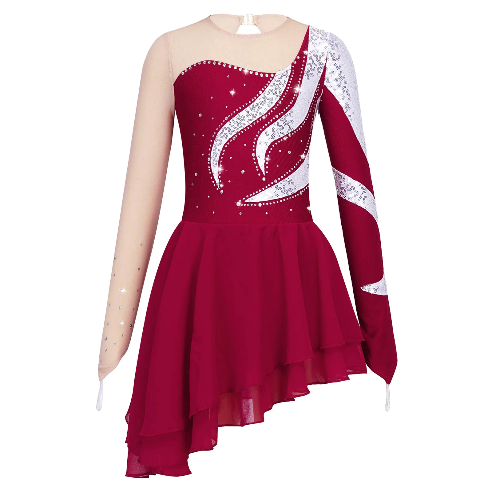 

Kids Girls Figure Ice Skating Dress Rhinestone Sequin Long Sleeve Roller Skating Ballet Dance Competition Costume Dancewear