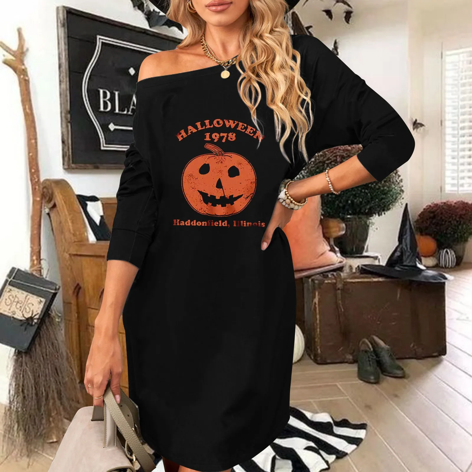 

Women's Fall Winter Halloween Party Dresses Fashion Round Neck Long Sleeved Dress Letter Pumpkin Printed Festival Mini Dress