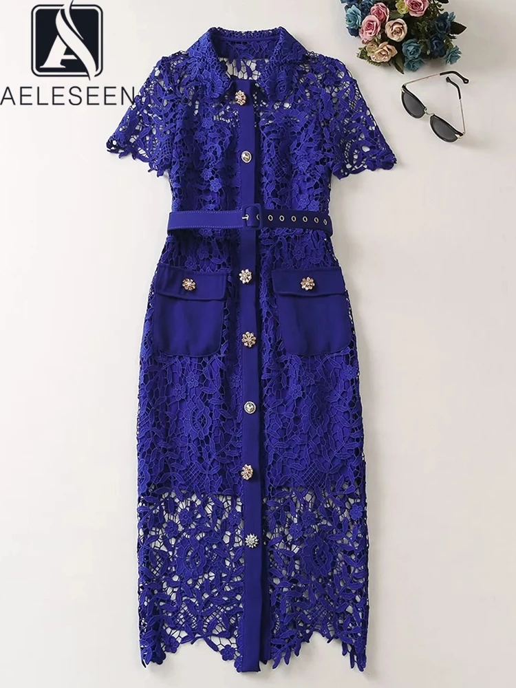 

AELESEEN Runway Fashion Women Blue Dress Spring Summer Flower Embroidery Diamonds Button Turn-down Elegant Long Party Vacation