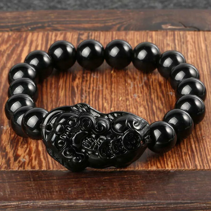 

Chinese Feng Shui Pixiu Obsidian Black Stone Beads Bracelet for Men Women Good Luck Bring Wealth Buddhist Bracelets Wristband