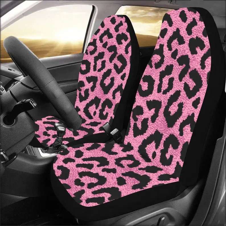 

Pink Fuchsia Leopard Car Seat Covers 2 pc, Animal Print Cheetah Pattern Front Seat Covers Vehicle Women SUV Seat Protector Acces