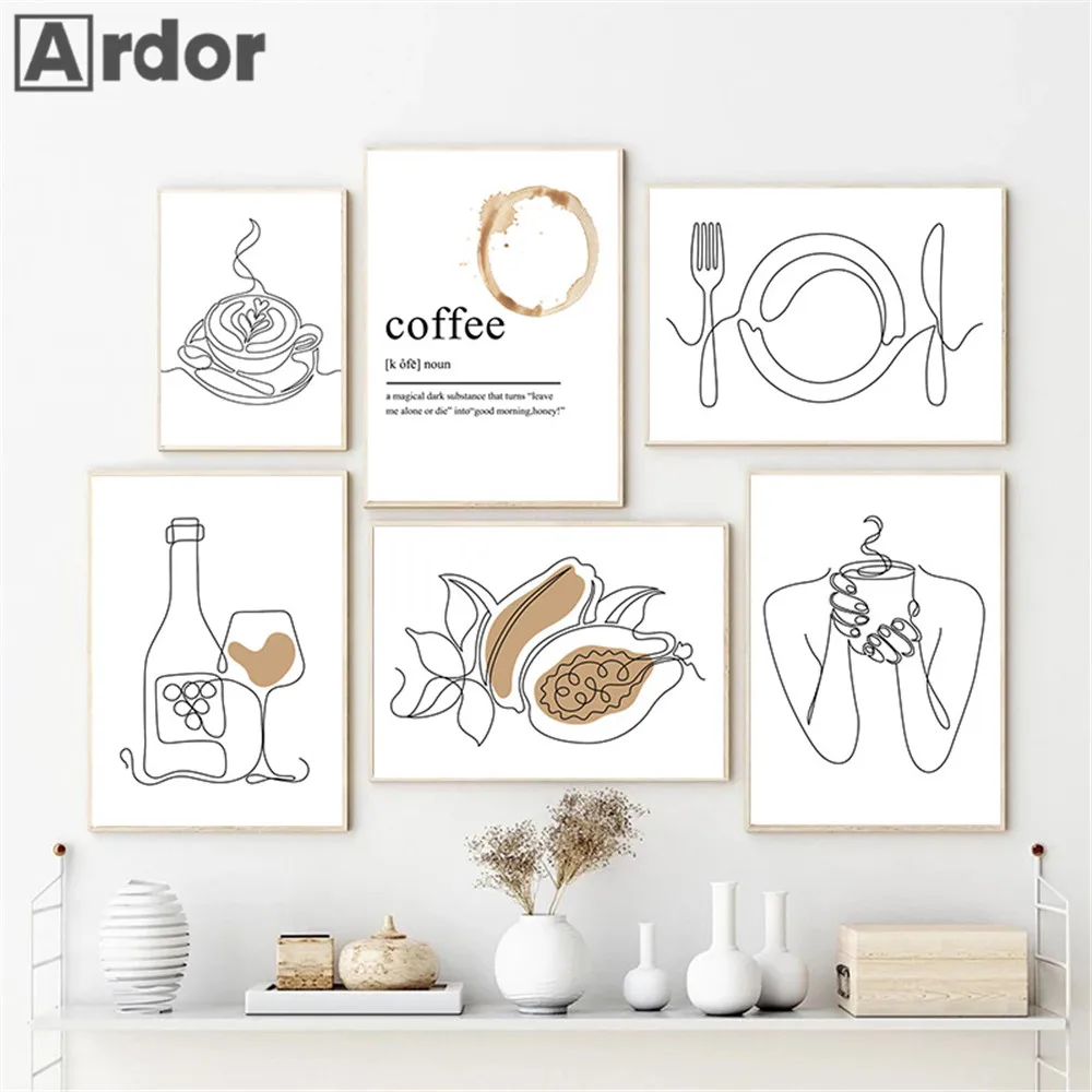 

Абстрактная линия Рисование Кофе Холст Картина вино постер чашка настенная печать цитаты постеры настенные картины кухня украшение для дома