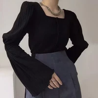 feiernan black shirts for women elegant square collar blouse femme flare sleeve button up top 2022 summer spring fashion clothes