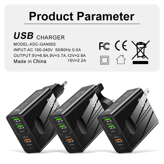 65W GaN Charger USB PD Muti Plugs Fast Charging GaN Charger Mobile Phone Quick Charging Type C Wall for IPhone Xiaomi Samsung 6