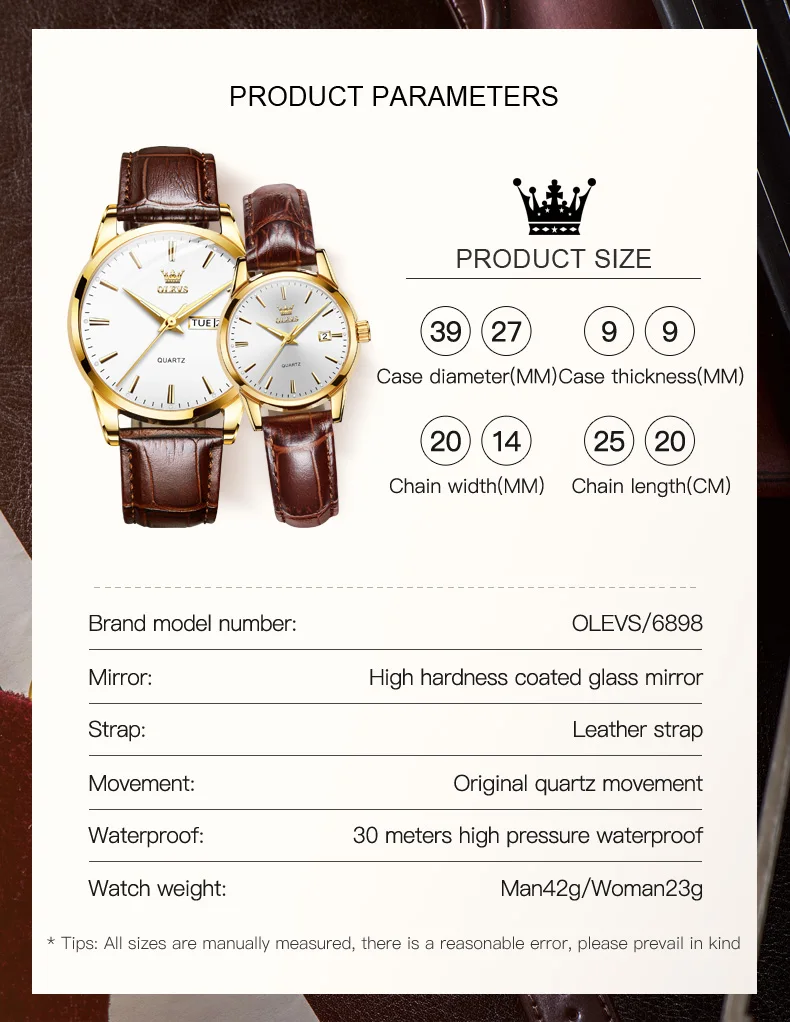 OLEVS 6898 Couple Wristwatch Quartz Waterproof Luminous Casual Watch With Calendar Leather Clock Valentine's Romantic Gifts Set