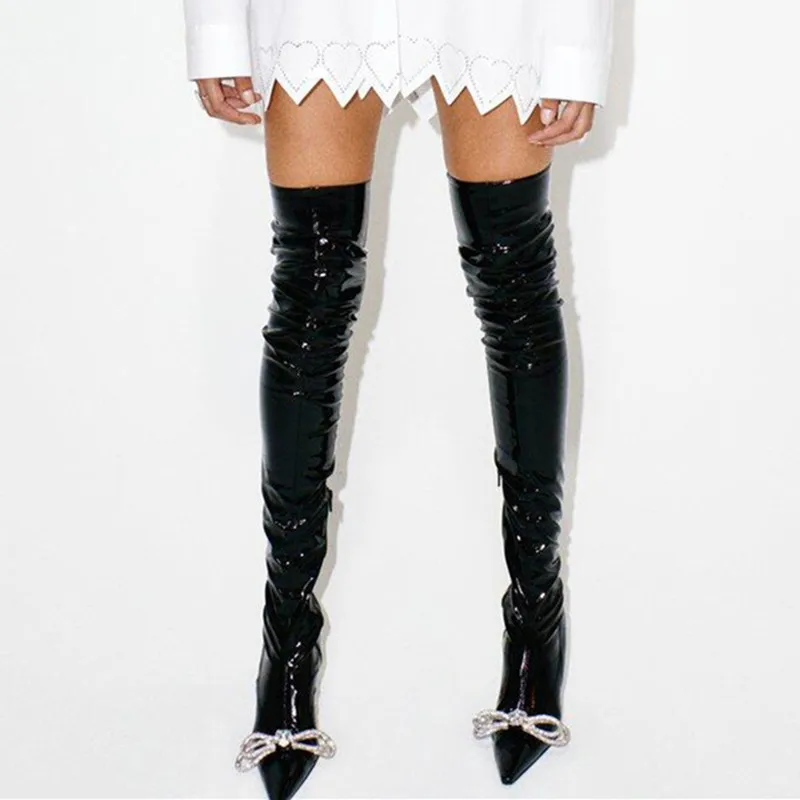 

Женские высокие сапоги с кристаллами и бантом-бабочкой, привлекательная Праздничная обувь, роскошные Брендовые женские Сапоги выше колена,...