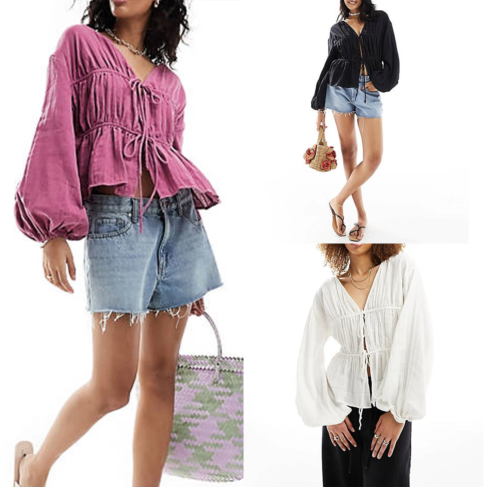 Женские повседневные однотонные базовые рубашки с v-образным вырезом и завязками