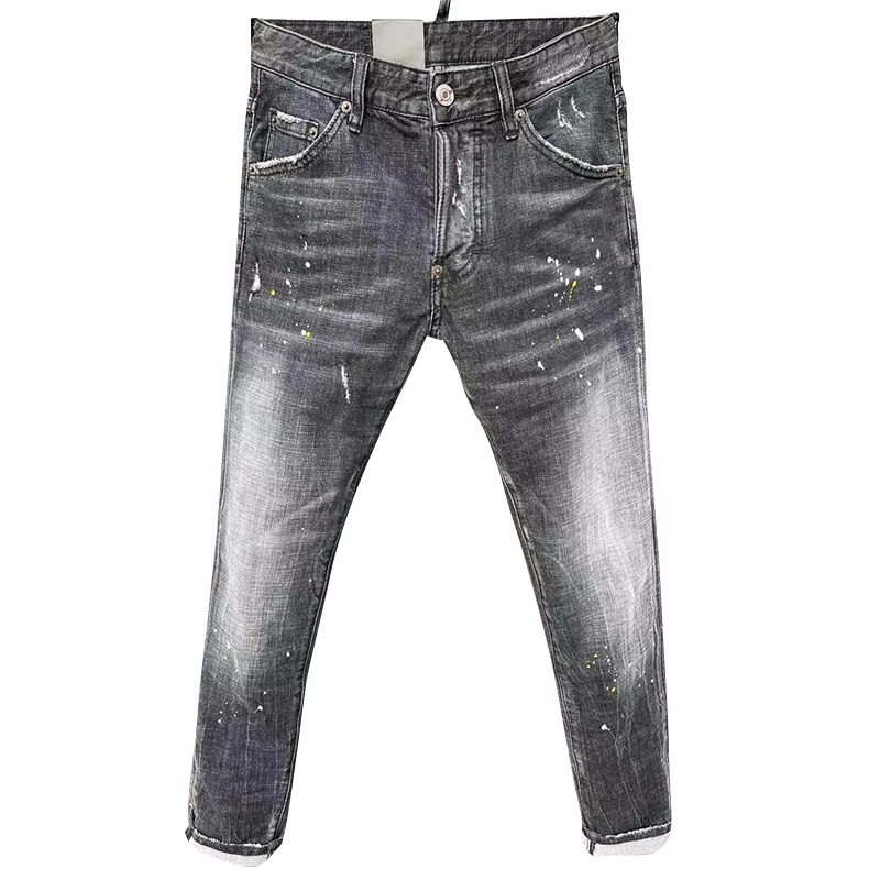 Starbags dsq 2023 NEW four season jeans men's letter leather logo hole paint dot hip slim Blue Elastic Italian pop brand