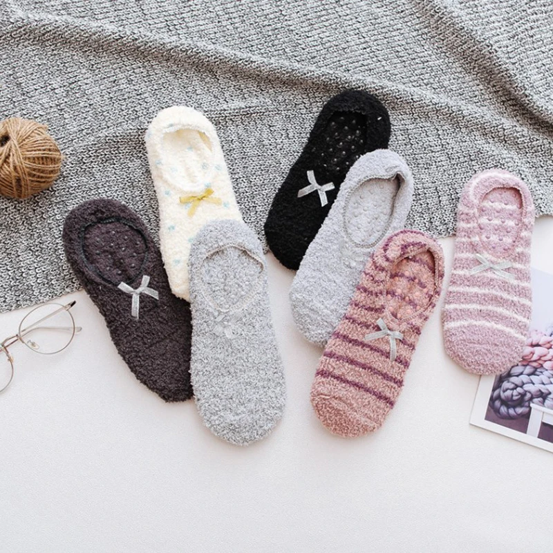 

Cute Coral Fleece Socks Stripe With Bow Home Sleeping Warm Soft Anti-Skid Plush Slipper Socks Fluffy Microfiber Thick Gift