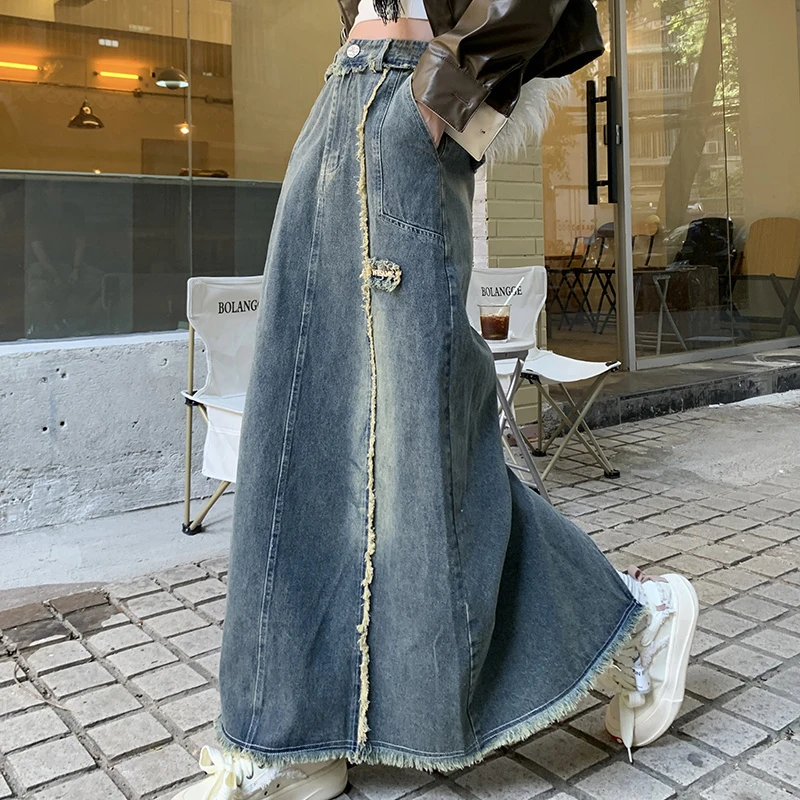 Autumn winter 2022 new  rough edging a word splicing denim skirt women retro Korean  fashionable long  high waist skirt